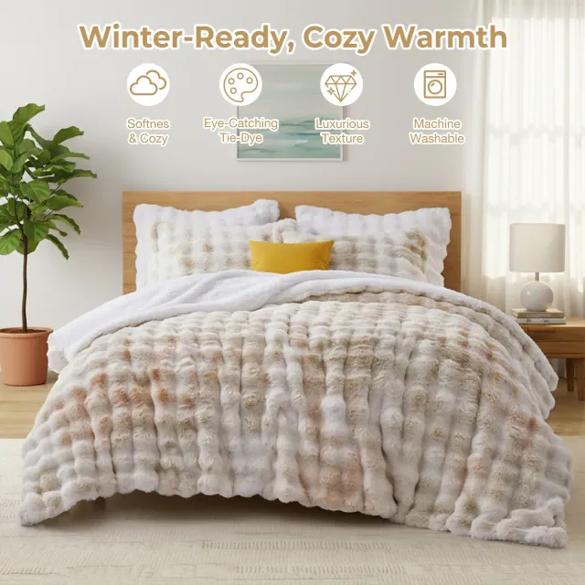 Peace Nest Dual-Side Fluffy Faux Rabbit Fur Comforter Set, Plush Fuzzy Bedding Set, Brown, King