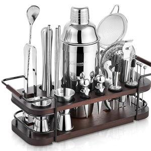 KITESSENSU Cocktail Shaker Set Bartender Kit with Stand | Complete 24-Piece Bar Set Cocktail Kit with All Bar Accessories: Martini Shaker, Jigger, Muddler | Drink Mixer Set for Home Bar Cocktails