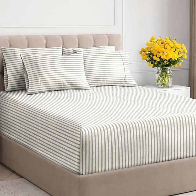Extra Deep Cal King Sheet Set - 6 Piece Breathable & Cooling Sheets - Hotel Luxury Bed Sheets Set - Easy Fit - Soft, Wrinkle Free & Comfy Sheets Set - Beige Striped Sheet Set w/Extra Deep Pockets