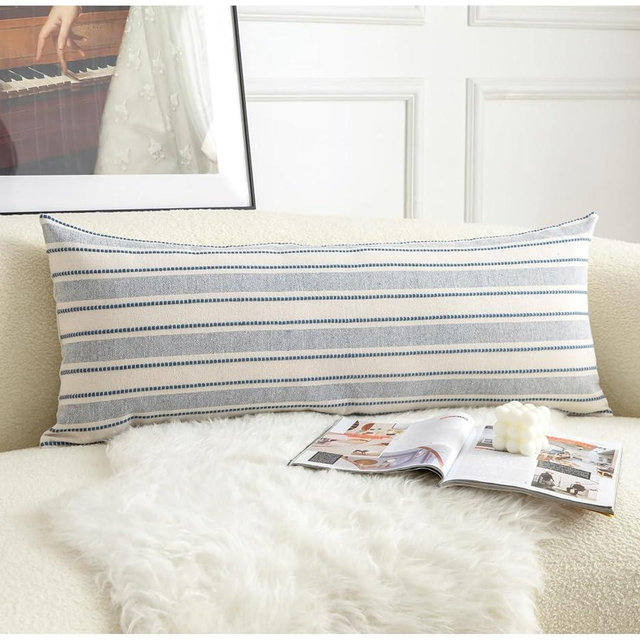Cethom Decorative Boho Lumbar Pillow Covers, Modern Farmhouse Couch Pillowcase, 14 x 36 Long Accent Body Throw Pillow Covers, Sofa Bed Living Room Decor Cushion Case, Blue and Beige, Pack of 1