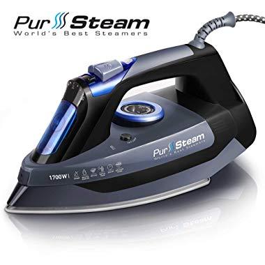 Professional Grade 1700W Steam Iron for Clothes with Rapid Even Heat Scratch Resistant Stainless Steel Sole Plate, True Position Axial Aligned Steam Holes, Self-Cleaning Function