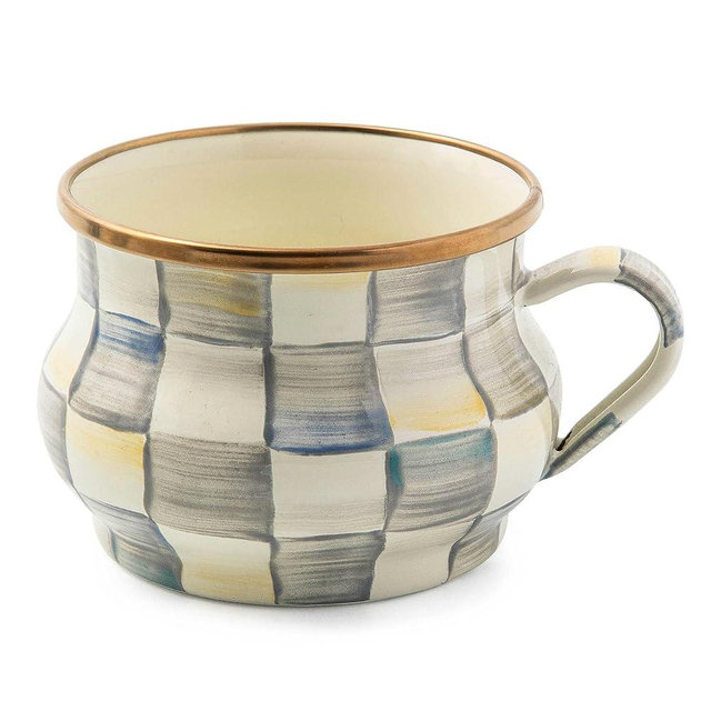 MACKENZIE-CHILDS Enamel Teacup, Unique Coffee and Tea Mug, Enamel Cup for Hot Tea, 10 Ounces, Gray-and-White Sterling Check