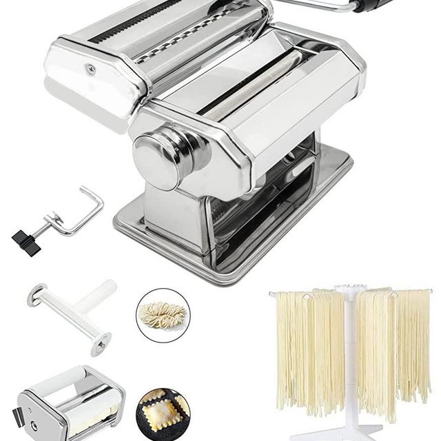 MASTER FENG Pasta & Ravioli Maker, Set of 6 Piece 150mm Steel Noodle Maker Machine with 9 Adjustable Thickness Settings, Includes Ravioli Maker Attachment, Pasta Drying Rack