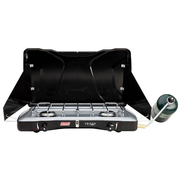 Coleman Triton 2-Burner Propane Camping Stove, Portable Camping Grill/Stove with Adjustable Burners, Wind Guards, Heavy-Duty Latch, and Handle, 22,000 Total BTUs of Power