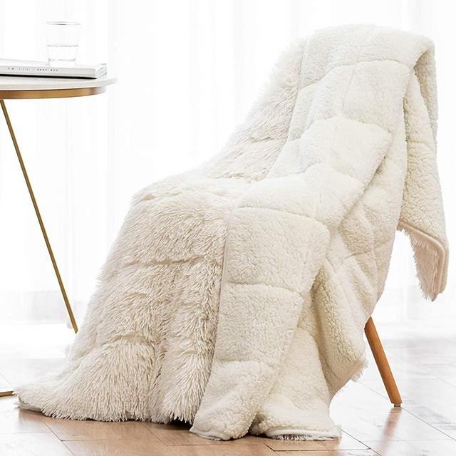 Wemore Shaggy Long Fur Faux Fur Weighted Blanket, Cozy and Fluffy Plush Sherpa Long Hair Blanket for Adult 20lbs, Fluffy Fuzzy Sherpa Reverse Heavy Blanket for Bed, Couch, Cream White, 60 x 80 Inches