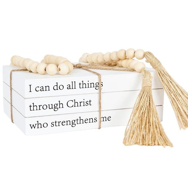 Decorative Books for Home Decor, White Faux Books for Decoration, Rustic Farmhouse Stacked Books with 52in Wood Bead Garland for Coffee Table Mantle Fireplace (I can do All Things Through Christ)