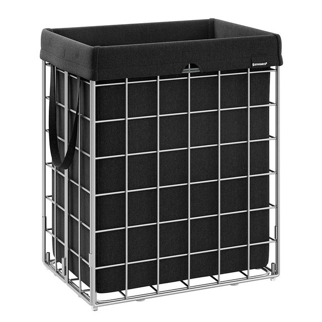 SONGMICS Laundry Hamper, 23.8 Gal (90L) Laundry Basket, Collapsible Clothes Hamper, Removable and Washable Liner, Metal Wire Frame, for Bedroom Bathroom, Silver and Classic Black ULCB190B01