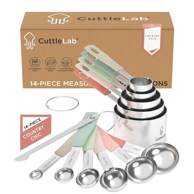CuttleLab Measuring Cups and Measuring Spoons Set of 14 - Stainless Steel Measuring Cups and Spoons Set, Includes 1/8 Teaspoon Measuring Spoon, 1/8 Cup Measuring Cup, Leveler Dry (14, Country Chic)