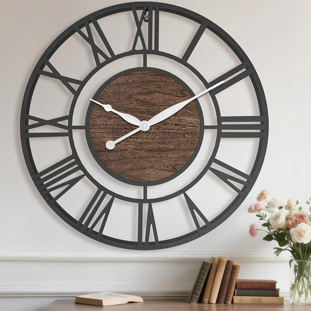 Pytha Sight 24 Inch Large Oversized Farmhouse Modern Decorative Wall Clock for Living Room,Silent Industrial Big Roman Numerals Vintage Metal Round Wall Clocks for Kitchen,Dining Room,Office