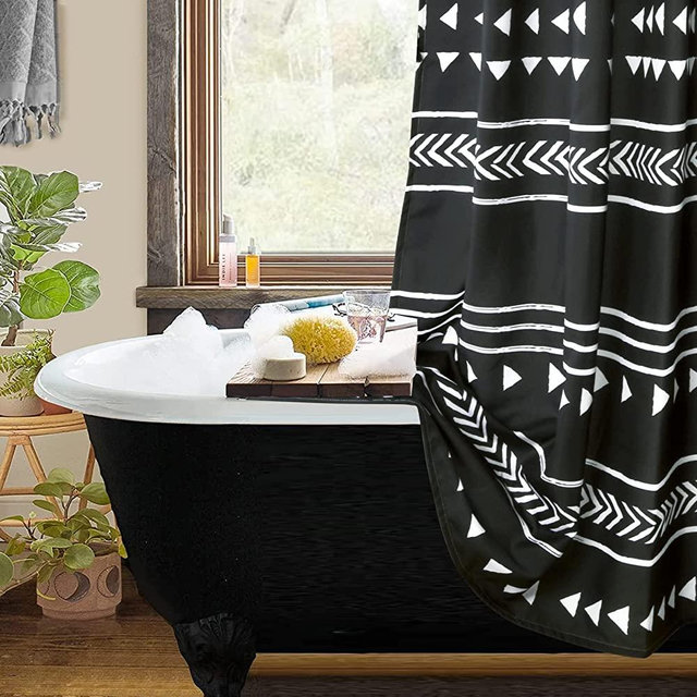 UPHOME Boho Black and White Fabric Tassel Triangle Stripes Geometric Shower Curtain Set with Hooks Chic Tribal Bathroom Decor Accessories (72X72 inch, Black)
