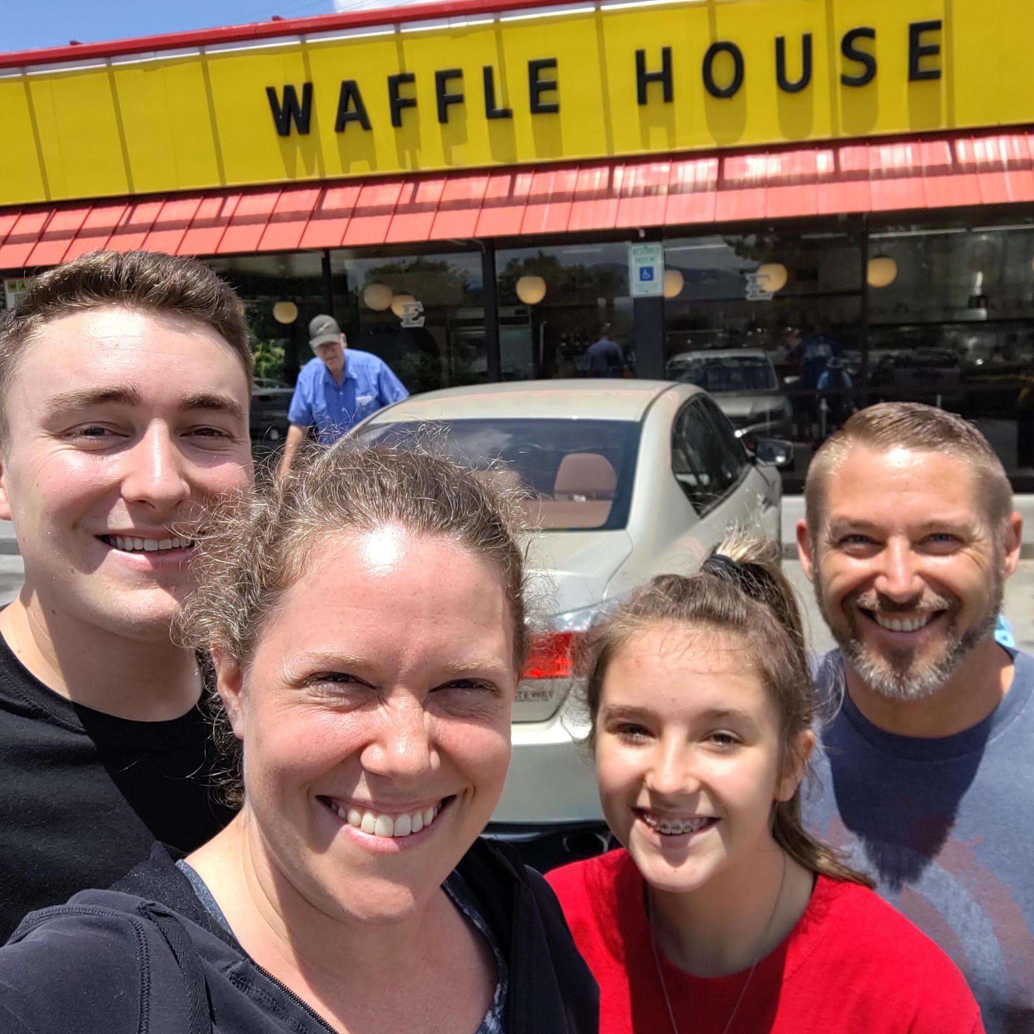 July 2020 - celebrating Paul's 41st birthday with Waffle House after the gym.