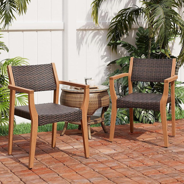 PHI VILLA Outdoor Acacia Wood Chairs Set of 2, Heavy-Duty Dining Armchairs with Wicker Back & Seat, Farmhouse Style Teak Seating Furniture for Patio, Deck, Yard, Balcony, Garden