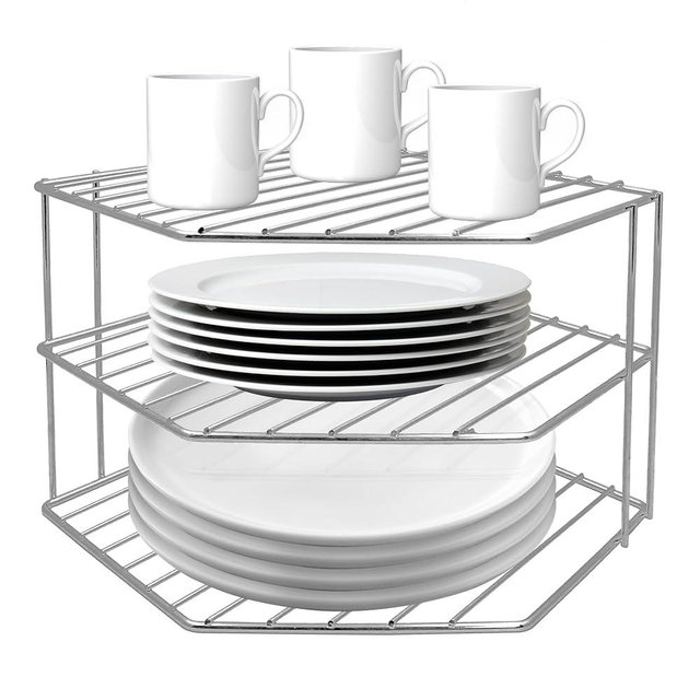 3-Tier Corner Shelf Counter and Cabinet Organizer - Steel Metal Wire - Rust Resistant - Plates, Dishes, Cabinet & Pantry Organizer - Kitchen Organization (10 x 7.5 Inch) (Chrome)