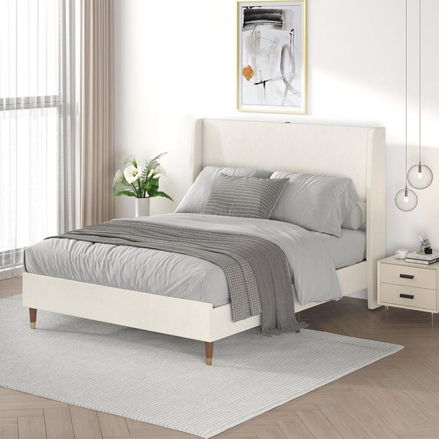 MALOL Queen Size Bed Frame with Upholstered Headboard, Linen Fabric Platform Bed Frame with USB Charging Ports, No Box Spring Needed, Sturdy Metal Support, Noise Free, Modern Bedroom Furniture,White
