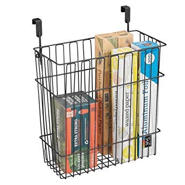 mDesign Metal Wire Hanging Over Door Kitchen Storage Organizer Basket/Trash Can - Hangs Over Cabinet Doors - For Bags, Tin Foil, Wax Paper, Saran Wrap - Solid Steel - Matte Black