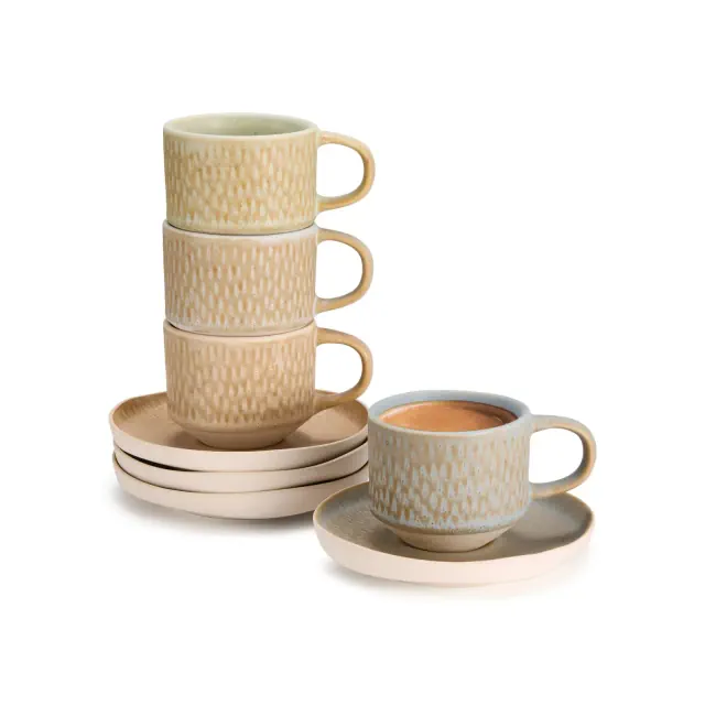 Kook Espresso Mug and Saucer Set 5.5 oz, Set of 4, Neutral Multicolor