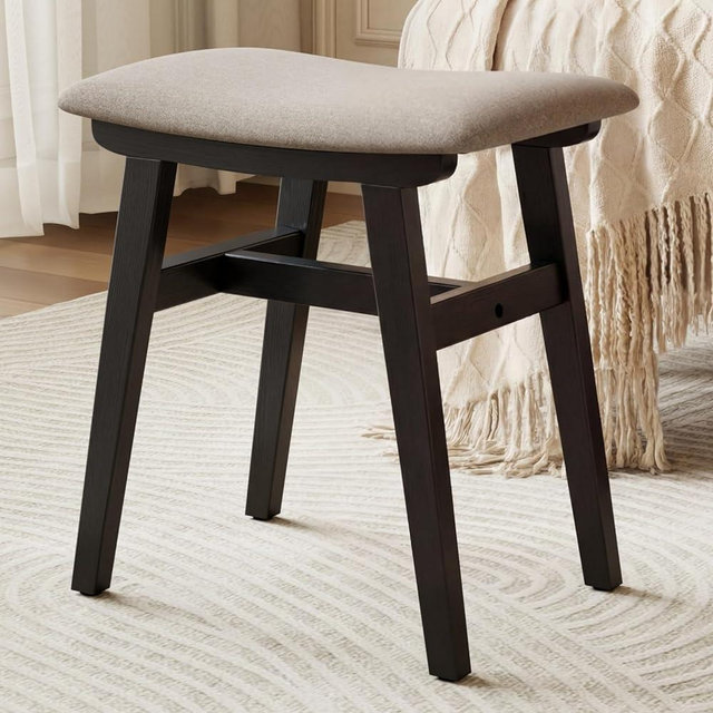 DONGMUWUJEE Solid Wood Small Vanity Stool Chair, Makeup Stools for Vanity Desk, Bathroom Vanity Chair, Padded Foot Stool for Living Room, Ottoman Foot Rest for Couch, Small Bench for Entryway, Black