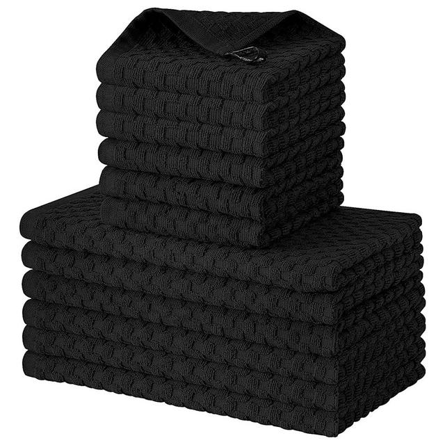 Fintale 100% Cotton Kitchen Towels and Dishcloths Set, 12 x 12 & 15 x 25 Inches, Set of 12 Bulk Super Soft and Absorbent Terry Cloth Dish Towels, Quick Drying Hand Towels with Hanging Loop, Black