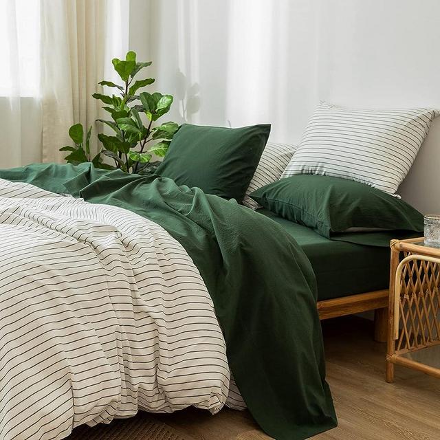 MooMee Bedding Sheet Set 100% Washed Cotton Linen Like Textured Breathable Durable Soft Comfy (Forest Green, Queen)