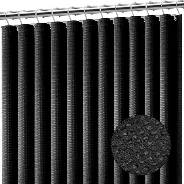 Clara Clark Black Shower Curtain - Waterproof Shower Curtains for Bathroom, Waffle Shower Curtain Fabric, Heavy Duty Bathroom Curtain, Fabric Shower Curtain 72x72, Hotel Quality Cloth Shower Curtain