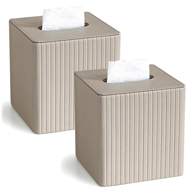 KALEKAIL 2PC Leather Beige Tissue Box Cover, Square Tissue Box Holder Compatible with Kleenex for Bathrooms