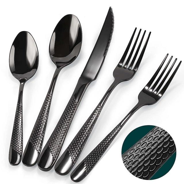 Hammered Silverware Set, PUREAIN 30 Pieces Black Silverware Set for 6, Stainless Steel Flatware Set for Home, Kitchen, Restaurant and Hotel, Mirror Polished Cutlery Set, Dishwasher Safe