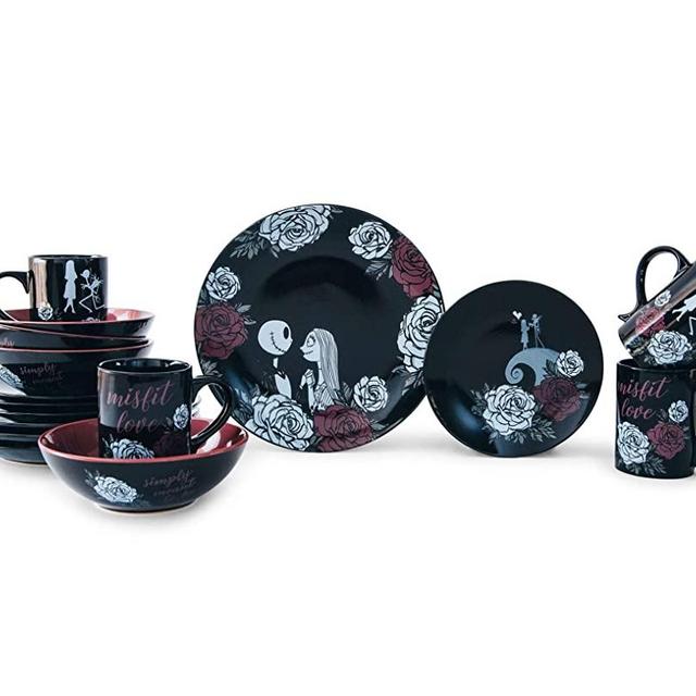 Underground Toys The Nightmare Before Christmas Jack and Sally Black Rose Wedding 16-Piece Dinnerware Set | Includes Dinner and Salad Plates, Soup Bowls, Mugs | Place Setting for 4