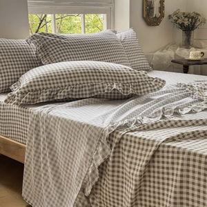 NSNLGSGC Tan Gingham Ruffle King Sheet Set, Taupe Soft Pre-Washed Microfiber Plaid King Bed Sheets, 4-Pieces Farmhouse Sheet Set with Deep Pocket