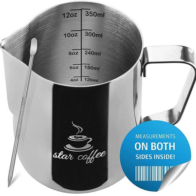Milk Frothing Pitcher 12oz with Latte Art Pen - Steaming Pitchers 12 20 30oz - Measurements on Both Sides Inside - Frother cup for Espresso Machines, Milk Frothers - Stainless Steel Coffee Jug