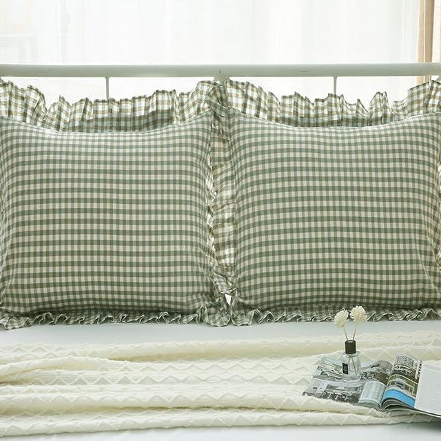 2 Pack Sage Green White Plaid Euro Pillow Shams with Ruffles Checkered Pillowcases Gingham Pillow Cases Washed Cotton Farmhouse Cottage Pillow Covers for Bed/Sofa(26X26inches,Sage Green/White Plaid)