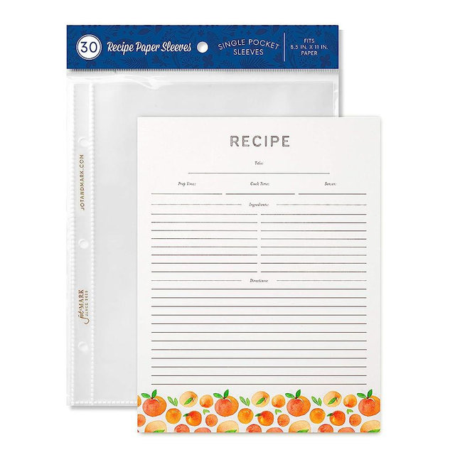 Jot & Mark Recipe Card Paper Full Page 8.5x11 with Crystal Clear Page Protectors for 3 Ring Binder, 30 Count (Peach Dream)