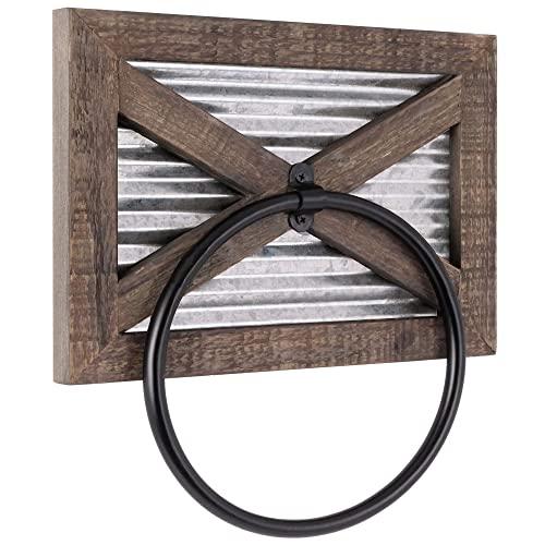 Autumn Alley Rustic Barn Door Bathroom Towel Ring | Wall Mounted Farmhouse Hand Towel Holder | Barn Wood, Galvanized Corrugated Metal and Black Ring Combine Perfectly for Country Charm