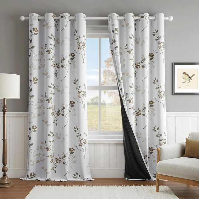 Beauoop Floral 100% Blackout Curtains 96 Inches Long 2 Panels for Bedroom Living Room Tan Brown and White Flower Patterned Room Darkening Thermal Soundproof Grommet Window Treatments Drapes, 52X96