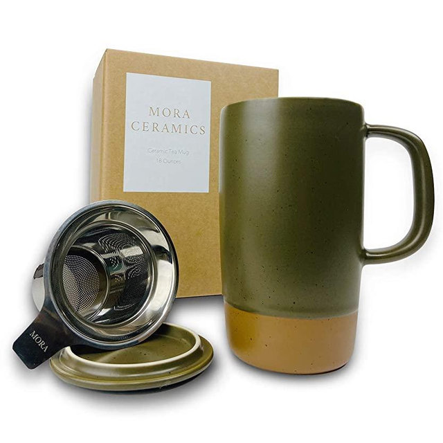 Mora Ceramics Large Tea Mug with Loose Leaf Infuser and Ceramic Lid, 18 oz, Portable, Microwave and Dishwasher Safe, Tall Coffee Cup - Rustic Matte Ceramic Glaze, Modern Herbal Tea Strainer, Olive