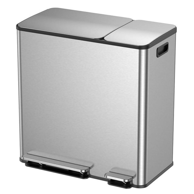 Lovewind Double Trash Can Kitchen, 13+5.5 Gallon Stainless Steel Dual Trash and Recycle Bin Combo with Silent Close Lid, Heavy-Duty Foot Pedal, Easy to Clean Garbage Can for Large Families, Silver