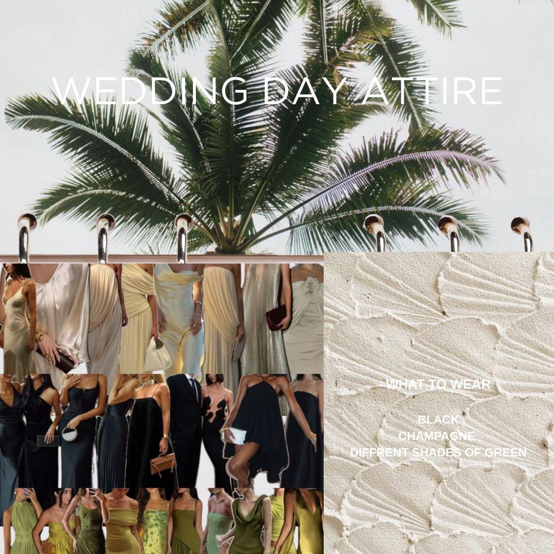 Guests are invited to wear elegant attire in black, champagne, or shades of green.