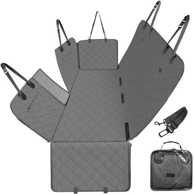 FURHAB Dog Car Seat Cover for Back Seats 100% Waterproof with Metal Buckle Mesh Window Scratch Proof Heavy Duty Rear Backseat Protector Hammock for Pet, SUV Truck Vehicle Accessories, 54" x 58", Grey