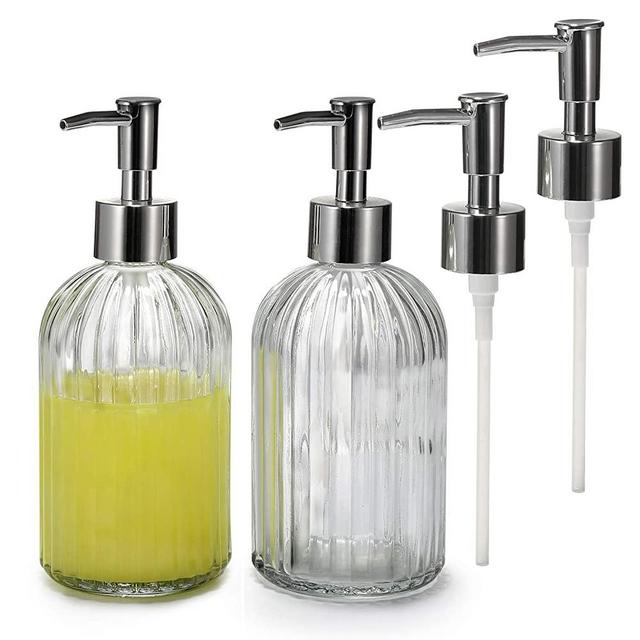 VOOWO Soap Dispenser,2 Pcs 18 Ounce Glass Soap Dispenser with Extra 2 Pumps for Bathroom,Refillable Hand Liquid,Dish Detergent,Lotion Bottle,Ideal for Kitchen Sink Countertop