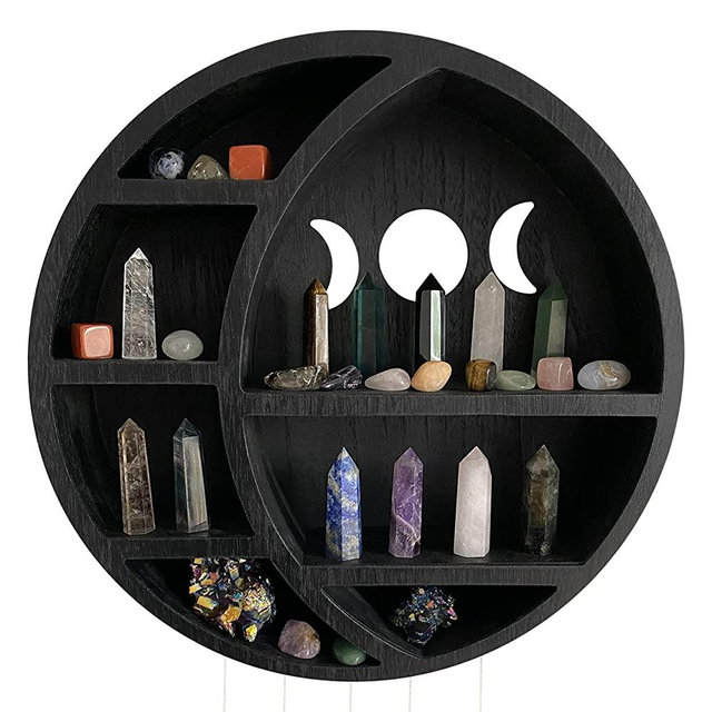 Black Cresent Moon Shelf | Crystal Shelf Display for Stones, Essential Oils & Whichy Decor | Moon Phase Wall Hanging Decor for Bedroom | Unique Crystal Holder for Meditation Decor