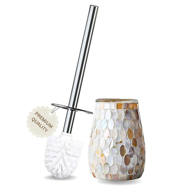 Escenzy Modern Toilet Brush and Holder Set | Natural Shell Mosaic Glass | Non-Rustic Stainless Steel | Practical & Decorative Toilet Bowl Brush and Holder | Luxury Bathroom Accessories