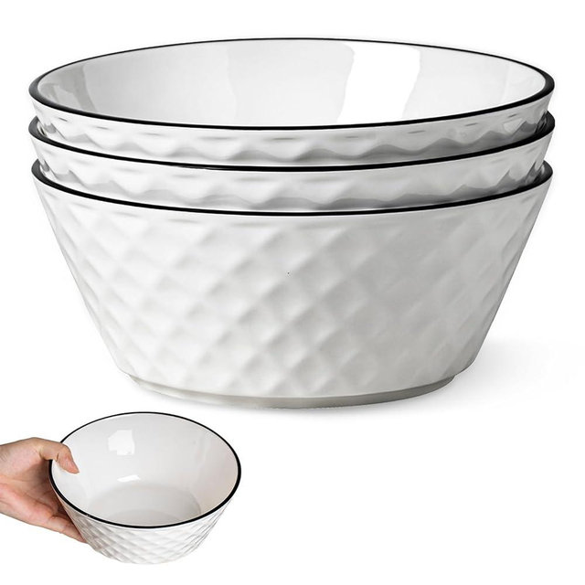 Yeacccng Deep Soup Bowls Set of 3, 46oz Large Cereal Bowls, Large Soup Bowl for Kitchen, 8 inch Diamond Pattern Decorative Bowls, Dishwasher & Microwave Safe, Scratch-Resistant, Lead-Free, Easy Clean