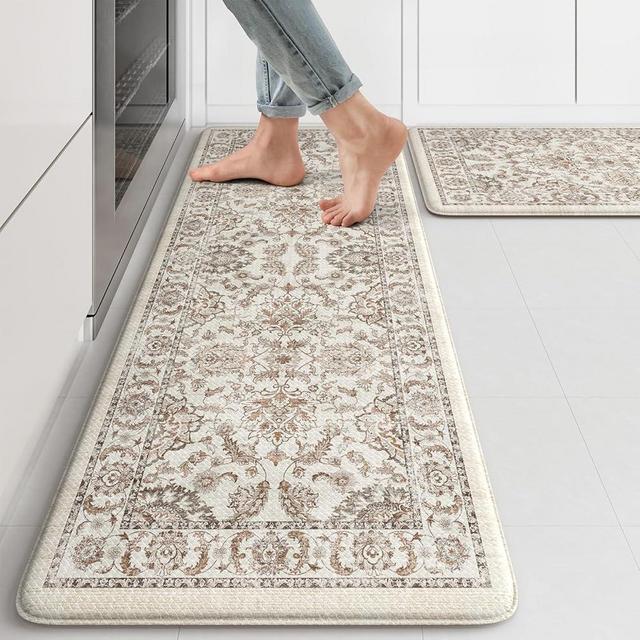 KIMODE Anti Fatigue Mats for Kitchen Floor,Kitchen Rugs Sets of 2 Non Slip,Padded Cushioned Kitchen Floor Mats,Memory Foam Kitchen Mat for Sink Laundry Office Desk,17.3"x47"+17.3"x29",Khaki