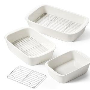 LE TAUCI Deep Casserole Dishes for Oven, 13.7”x9.6” Ceramic Baking Dish Set with Roasting Racks, Large Lasagna Pans with Handles, Rectangular Bakeware as Gift for Mom, White (4.6QT/3.0QT/1.6QT), Set of 3