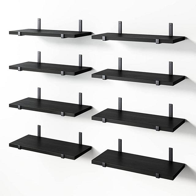 YGEOMER Floating Shelves, Set of 8, Rustic Wall Shelves, Wood Floating Shelf for Bedroom, Living Room, Book and Bathroom (Black)