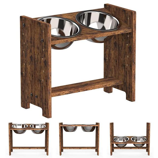 Vantic Elevated Dog Bowls - Adjustable Raised Dog Bowls for Medium and Large Dogs, Durable Rustic Brown Particle Board Dog Food Bowl Stand with 2 Stainless Steel Bowls and Non-Slip Feet