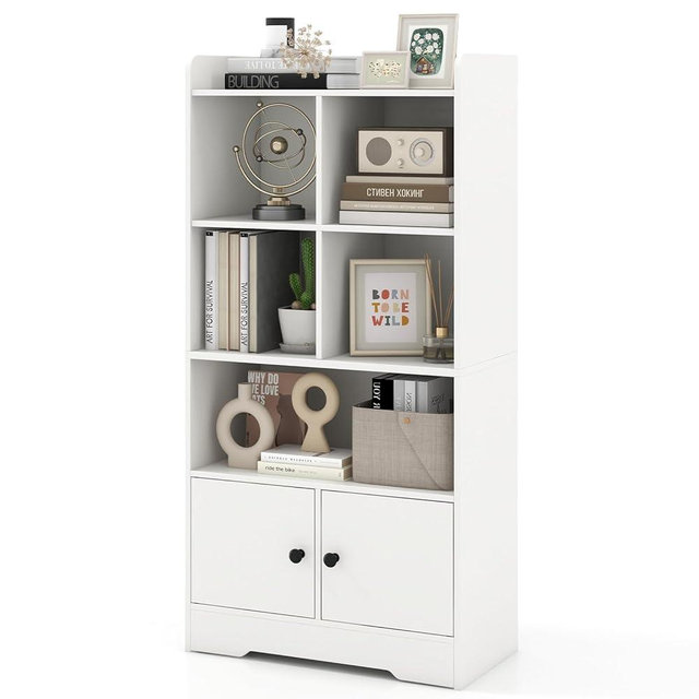 Giantex 4-Tier Bookcase with Doors, Small Bookshelf with 5 Cubbies and 2 Cabinets, White Freestanding Bookshelf, 47.5" Wooden Storage Cabinet Organizer for Living Room, Bedroom, Study