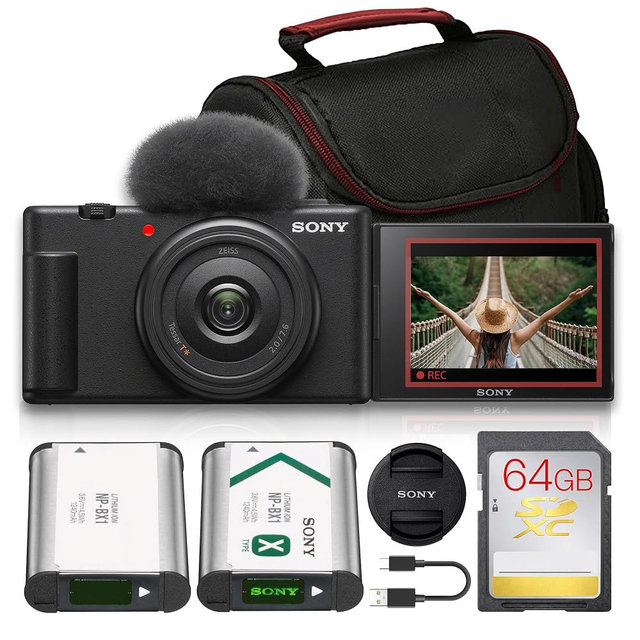Sony ZV-1F Vlogging Camera Bundle (Black) | 20.1MP 1" Sensor, 4K Video, 20mm Wide Lens, Flip Screen & Directional Mic | Ideal for Vlogging & Content Creation (ZV1F/B) + 64GB Card + Bag + Battery