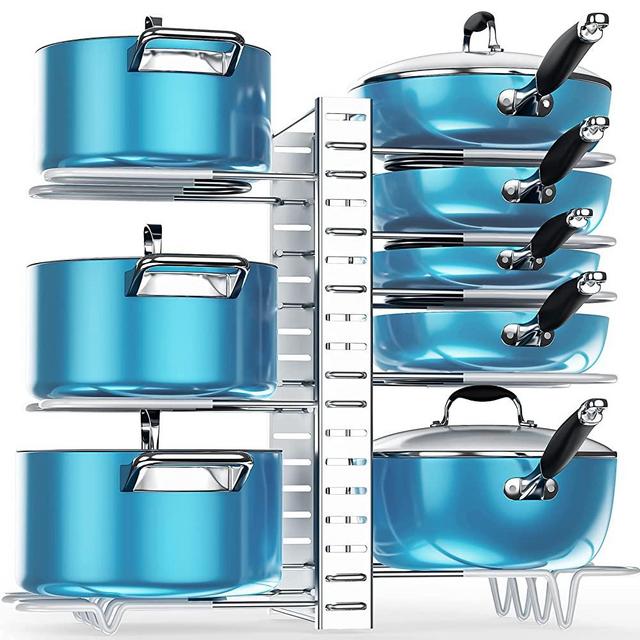 Pots and Pans Organizer for Cabinet, ORDORA 8 Tier Pot Rack with 3 DIY Methods, Adjustable Pan Organizer Rack for Cabinet, Pot Organizer for Kitchen Organization & Storage, Pot Lid Organizer, Silver