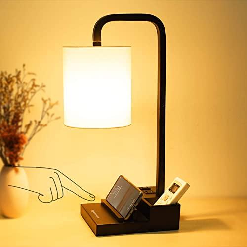 3-Way Touch Control Dimmable Table Lamp Modern Nightstand Lamps, with 2 USB Charging Ports, Fabric Round Lampshade, 100 W Equivalent Vintage LED Bulb Included, Suitable for Bedroom Living Room Office
