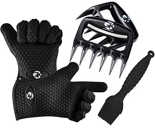 GK’s 3 + 3 BBQ Man’s Dream Set: Silicone BBQ Grill Gloves Plus Meat Shredder Claws Plus Silicone Basting Brush Plus 3 eBooks w/ 344 Recipes for Roasting, Grilling and Baking (Black)